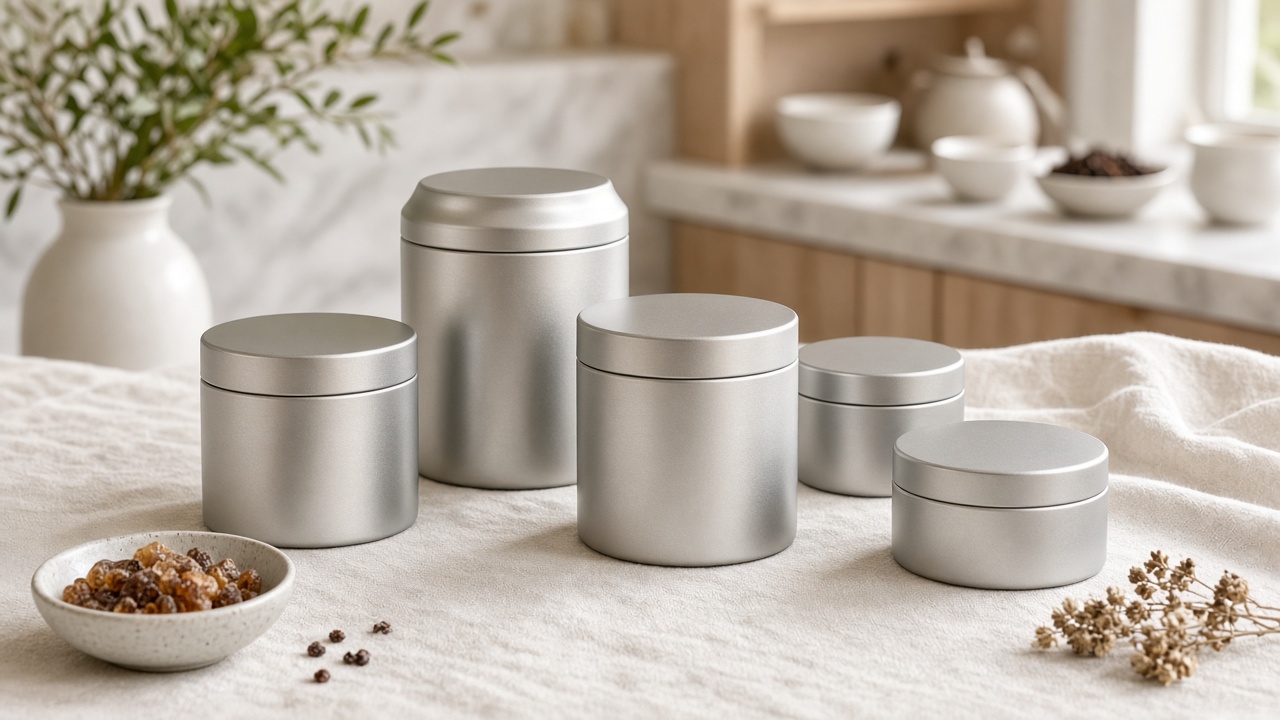 Tea-counter still — bakhoor tins on bright counter