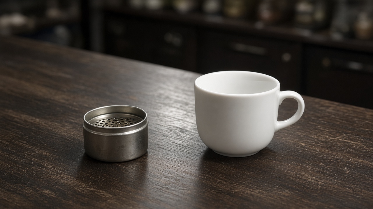 Tin and cup on counter